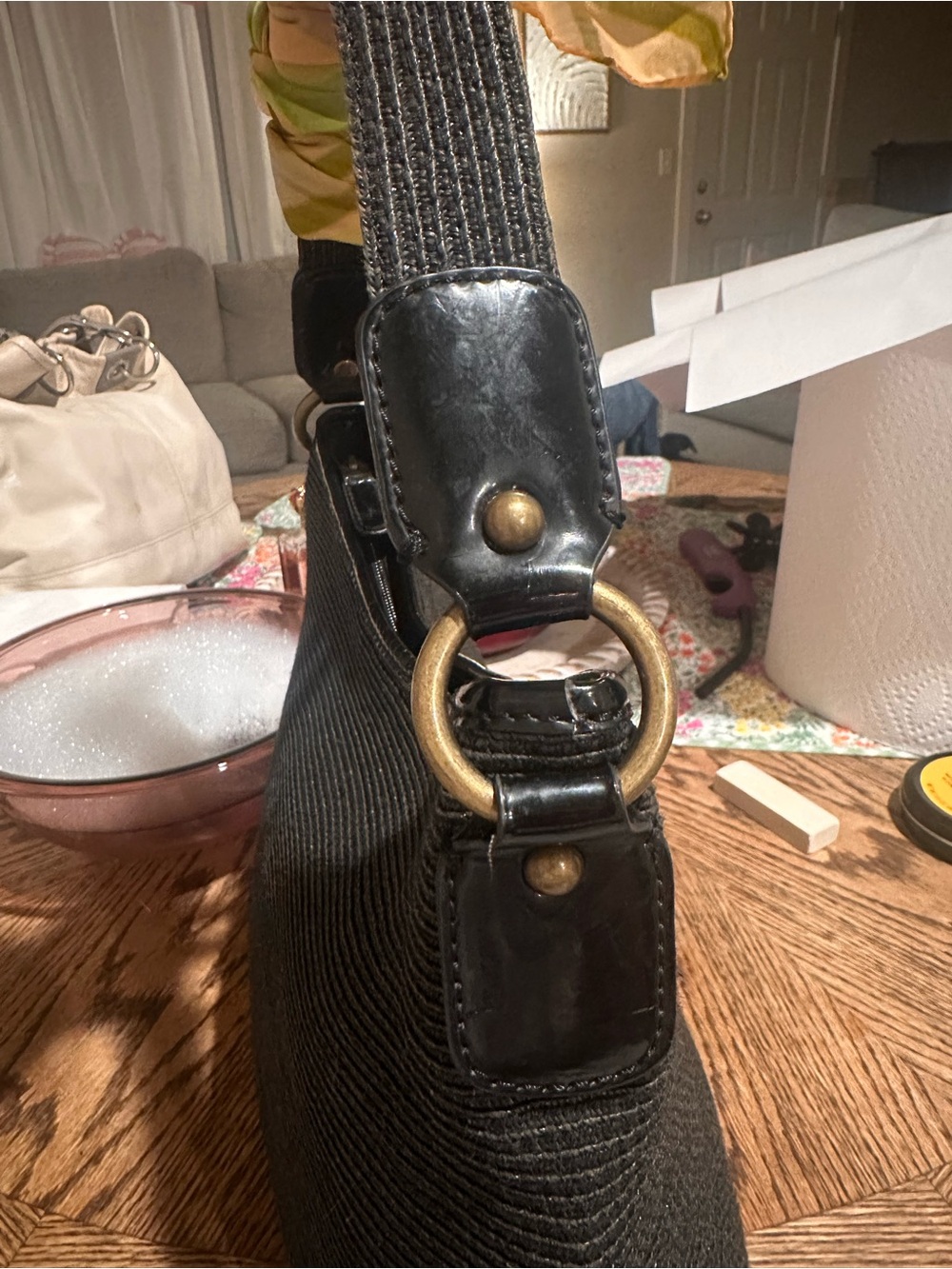 Talbots Black Crescent Shoulder Bag Patent Leather Trim Gold Hardware Bag Scarf - Picture 5 of 7